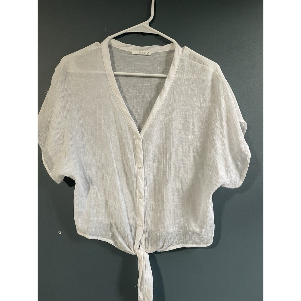 TIMING White Textured Button Front Tie Waist Dolman Sleeve Blouse Top Size S